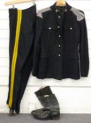 British Army Queen's Royal Irish Hussars bandsman's tunic No 1 Dress trousers, cape and boots (8)