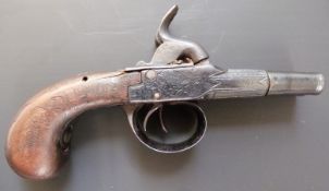 English side by side percussion hammer action pistol with engraved lock and trigger guard, wire