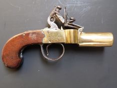 Farmer & Co brass flintlock tinder pistol lighter with named and engraved lock, shaped walnut