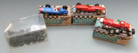 Three Tri-ang Scalextric model motor racing cars Lotus C67, B.R.M. C72 and Porsche C73, all in
