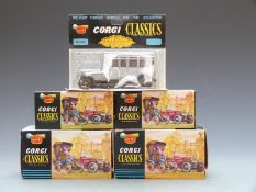 Five Corgi Classics diecast model vehicles comprising a Rolls Royce, Bentley, Daimler, Renault and a