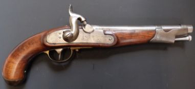 Percussion hammer action pistol with lock stamped Tower and with crown cypher, brass trigger