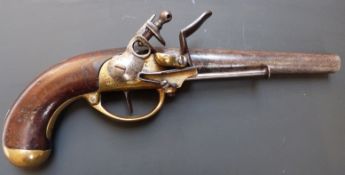 Flintlock hammer action Charlivelle model 1777 pistol with brass lock stamped St Etienne, trigger
