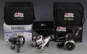 Abu Garcia closed face and fixed spool fishing reels in boxes, the closed face reels with soft cases