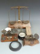 Mordan 19thC postage scales with engraved and gilt decoration, two further sets of scales, Cambridge