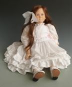 Ruth Treffeisen doll with closed mouth, fixed blue eyes and white dress, 70cm tall.