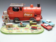 Tri-ang Puff-Puff pressed steel train together with six various tinplate toys including a train set,