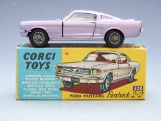 Corgi Toys Ford Mustang Fastback 2+2 with purple body and cream interior, 320, in original box