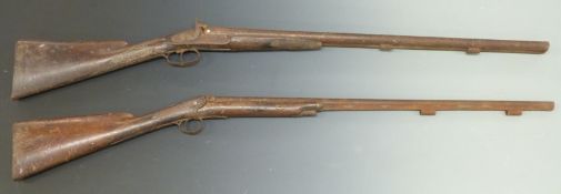 Two percussion hammer action sporting guns comprising one side by side with chequered grip and
