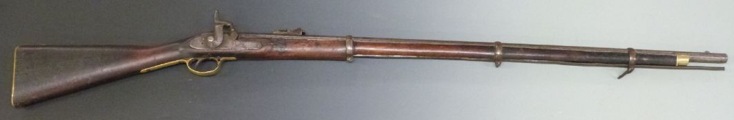 Enfield 1858 pattern 3-band percussion hammer action musket with lock stamped Tower 1858 and with