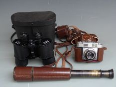 A Kershaw & Sons Leeds telescope, Regent 16x50 binoculars and a Zeiss Ikon Contina camera
