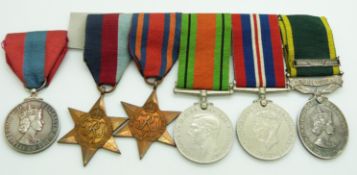 British Army WWII medals comprising 1939/1945 Star, Burma Star, Defence Medal, War Medal and