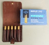 Eighteen .30-06 Springfield rifle cartridges, some in original box, some in leather wallet. PLEASE