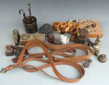 A quantity of weights and measures to include AK and Crane flat stacking weights, ceramic weights