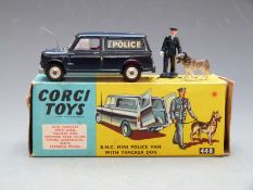 Corgi Toys diecast model BMC Mini Police Van with Tracker Dog with blue body, red interior, 'Police'