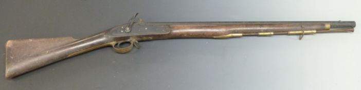 Percussion hammer action cavalry carbine converted from an Elliot flintlock with lock stamped