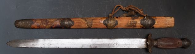 Oriental short sword, with carved wooden handle with metal fittings and scabbard, blade length 45cm,