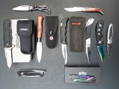 Ten pocket knives including Wenger, Kershaw, Stanley and Walther