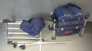 MAP all terrain fishing seat box with arrangement of hinged compartments and drawers full of fishing