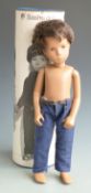 Sasha doll Gregor with, brown eyes, brown hair and denim jeans, c1967-68, in original tube.