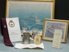 HMS Invincible engraved goblet made for her commissioning, commissioning book, petty officer's