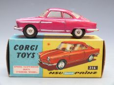 Corgi Toys diecast model NSU Prinz with pink body and cream interior, 316, in original box.