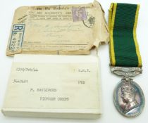 British Army Territorial Efficiency Medal named to 3442481 Pte H Sandiford, Pioneer Corps