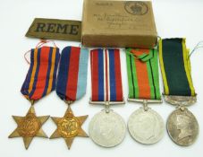 British Army WWII medals comprising 1939/1945 Star, Burma Star, Defence Medal, War Medal and