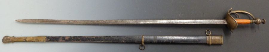 Continental Albertina style sword with brass heart shaped guard, blade length 86cm, with scabbard