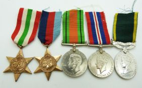 British Army WWII medals comprising 1939/1945 Star, Italy Star, Defence Medal, War Medal and