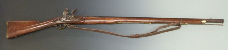 Indian pattern flintlock hammer action Brown Bess with lock stamped Tower and with crown over GR