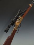 Henry .38 /.357 Winchester style underlever action rifle with brass frame, butt plate and mounts,