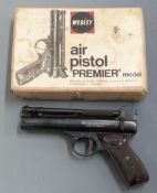 Webley Premier .22 air pistol with named chequered Bakelite grips, serial number 801, in original