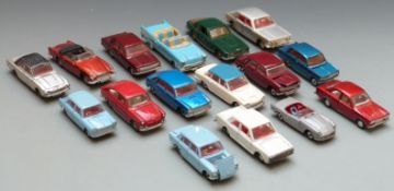 Sixteen Dinky Toys diecast model cars including Aston Martin, Morris 1100, Volkswagen 1600 TL,