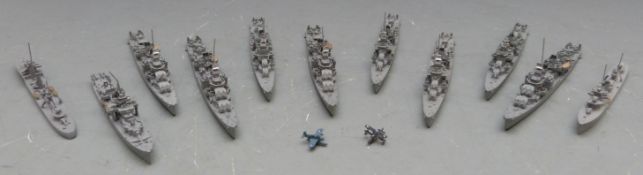 Thirteen Neptun and similar diecast model waterline ships and aeroplanes including Sumner 1360,