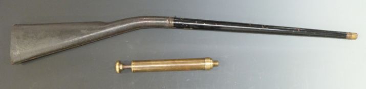Unnamed metal walking cane air gun with original pump and leather covered stock.