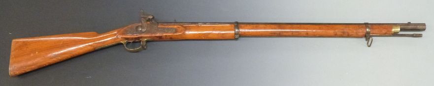 Two-band percussion hammer action gun with brass butt plate, trigger guard and mounts, stock stamped