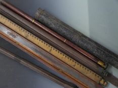 Two vintage tripods, two cased straight edges, surveyor's measuring staff and a metal travel tube