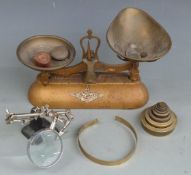 Set of Albion Foundry scales, various weights including Pooley and Avery and a desk magnifier