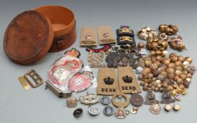 Military badges and buttons including Tank Corps, Duke of Edinburgh's Royal Regiment, Wiltshire