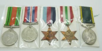 British Army WWII medals comprising 1939/1945 Star, Italy Star, Defence Medal, War Medal and