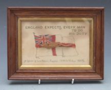 Framed wooden splinter on card marked 'A splinter of Lord Nelson's flagship HMS Victory 1805',