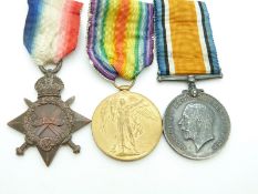 British Army WWI medals comprising 1914/1915 Star, War Medal and Victory Medal named to Bombardier G