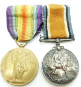 British Army WWI medals comprising War Medal and Victory Medal named to 29098 Pte R A V Hayden,