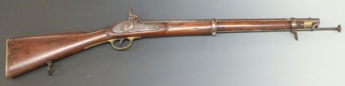 Indian Army 20 bore percussion hammer action two band cavalry carbine smooth bored rifle with lock