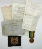 WWI medal named to 21858 Pte M Cracknell, Essex Regiment and documentation for H V Kent,
