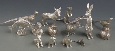 Fifteen silver plated animals including a salt and pepper in the form of partridges, otter, mallard,