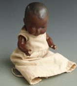 Armand Marseille bisque headed black doll with open mouth, fixed brown eyes, painted hair and