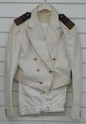 Royal Air Force officer's white trousers and jacket with shoulder boards and buttons, size small.