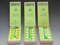 Three Subbuteo 00 scale table soccer teams Blackpool 40, Leeds 21 and Celtic 25, all in original